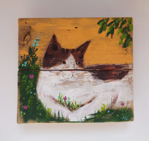 Cat in the garden - rustic wooden sign, gift idea - kitten, tabby, cat, unique wall decoration