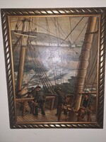 Antique painting ship in the storm