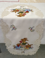 Easter off-white tablecloth, embroidered bunny, egg pattern 38x88