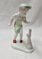 Aquincum boy with bunny porcelain figurine in perfect condition 12 cm.