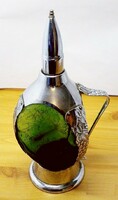 Zenélő likőrös palack, horpasztott Muránói üvegbetéttel, nikkelezett vasalattal, hibátlan