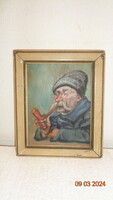 Horváth G. festmény ,  Az öreg pipás , fa lapra festve 20 x 27 cm , rámával  26 x 32 cm