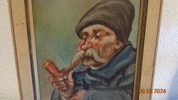 Horváth G. - szerű festmény ,  Az öreg pipás , fa lapra festve 20 x 27 cm , rámával  26 x 32 cm