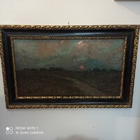 Sunset lowland(?) Unresolvable signed oil painting from 100-120 years ago
