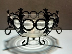 Kovácsoltvas vázú, üvegbetétes tál asztalközép ALKUDHATÓ Art deco design
