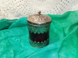 Crimson jar with beaten metal decoration
