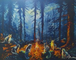 Macskák a tűz körül c. akrill festmény eladó
