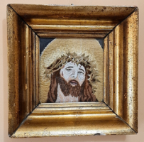 Antik Krisztus kép - tűfestés gyönyörű antik keretben