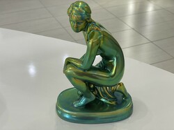 Zsolnay kneeling female nude eosin porcelain figure girl