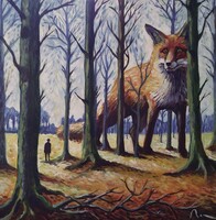 Vendég az erdőben c. akrill festmény kasírozott vásznon 50x50cm