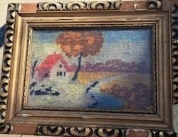 Antique needle tapestry with defective frame: house with stream