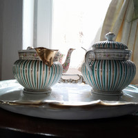 Museum tk klösterle 1830-1893 turquoise - gold ribbed porcelain sugar bowl - art&decoration