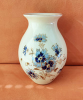Zsolnay gömb porcelán váza - búzavirág mintával aranyozott peremmel