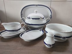 Hölóháza porcelain, hand-painted tableware elements/accessories, gilded with blue ribbon decor. 2
