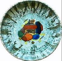 Hungarian retro samot decorative plate 36 cm marked, copper and fused glass decoration!