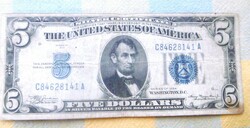 Banknote 5 dollars blue seal rare! 1934 Lincoln t1-2