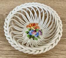 Herendi fonott szélű színes virágos porcelán kosár vitrindísz 9.5cm