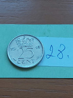 Netherlands 25 cents 1948 nickel, Queen Wilhelmina 28