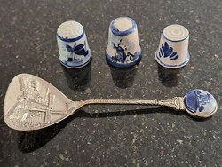 Vintage Delft porcelán gyűszű ezüstözött porcelánbetétes jelzett kávéskanállal