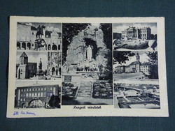 Postcard, Szeged, mosaic details, town hall, church, monument, statue, 1952