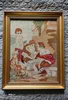 Antik kb. 100 éves  tűgoblein gobelin pazar keretben hibátlan állapotban