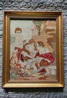 Antique approx. 100-year-old needle tapestry in a sumptuous frame in perfect condition
