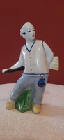 Porcelain statue. Boy with broom. Hand painted, marked 14 cm tall statue. Presumably North Korean.