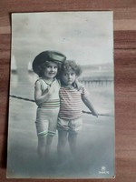 Antik színezett fotó képeslap, gyerekek, használt, 1918