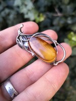 Beautiful silver brooch with amber stones, pin