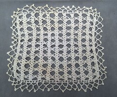 Old lace tablecloth, needlework, porcelain, decorative object under porcelain 22 x22 cm.