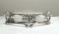Szecessziós ezüstözött asztalközép, eredeti üvegbetéttel