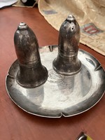Silver English salt and pepper shakers, French bowl