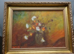 Szignózott virág csendélet festmény, új impozáns fa keretben