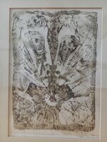 Kondor István grafika az 1970-es évekből, monokrom nyomat, két emberfej, kortárs fakeretben