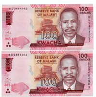 100 Kwacha in 2 pairs serial number tracking 2017 Malawi
