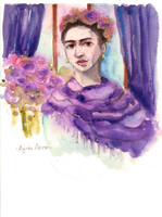 Frida Kahlo - Laczó Ágnes kortárs festő/grafikus művész, Eredeti Akvarell Festmény Papíron