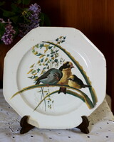 Cauldon antik fajansz lapos tányér, madár, madaras dekorral, Bourgeois francia behozatali jeggyel