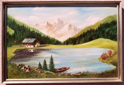 Tiroli tájkép erdei tóval, és házikóval, szignált festmény Ausztriából
