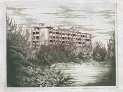 Ábrahám Rafael : Hotel Claudius, Szombathely -  mid-century, retro szocreál rézkarc, 1970-es évek