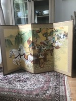 4-panel wooden screen painted on old Japanese silk with copper beat decoration