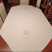 Off-white embroidered linen tablecloth, 133 x 133 cm