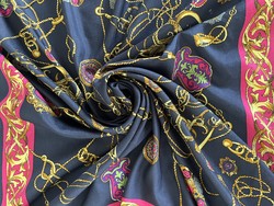 Elegant blue silk scarf with a classic gold chain pattern, 100% silk