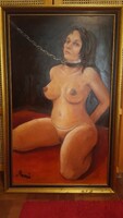 Oil painting on canvas. A sophisticated painting with an erotic charge, the author is unknown. Quality unique work.