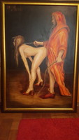 Oil painting on canvas. A sophisticated painting with an erotic charge. Made to order approximately 30 years ago.