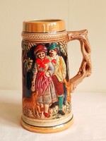 Old marked Japanese relief pattern Bavarian scene glazed ceramic beer mug with handle 20 cm