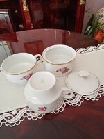 3 db jelzett hollóházi virágos  porcelán teás csésze + 1 db csészealj  és 1 db cukortartó tetővel
