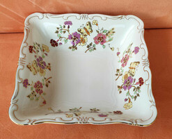 Zsolnay porcelain pasta and garnish bowl with butterfly pattern, gilded rim