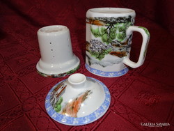 Sokszögletú tájképes teás csésze szűrővel fedővel