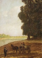 Unknown painter (First half of the 20th century): chariot on the river bank