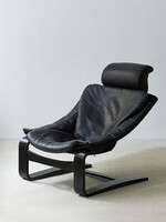 Scandinavian vintage black leather kroken armchair, ake fribytter nelo, sweden